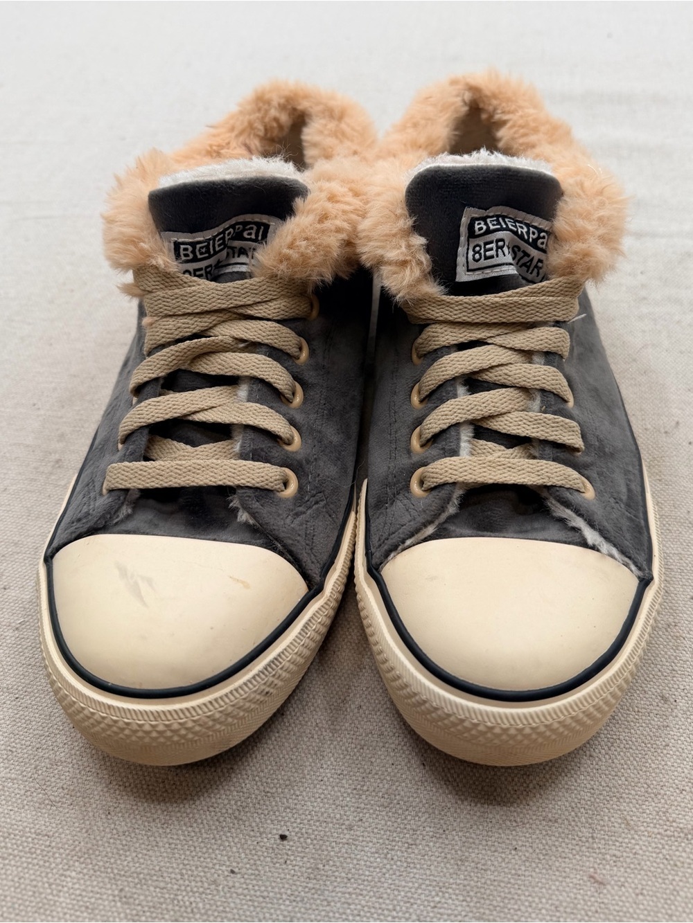 Faux Fur Lined Low-Top Sneakers in Charcoal and Tan